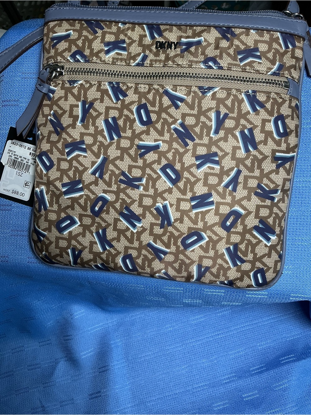 DKNY Brown and Blue Logo Print Crossbody Messenger Bag